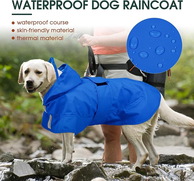 Kuoser Dog Raincoat, Waterproof Dog Rain Jacket with Clear Hooded Double Layer, Lightweight Reflective Dogs Rain Coat with Adjustable Belly Strap, Rain Coats for Extra Large Dogs Outdoor Wear,Blue 2XL