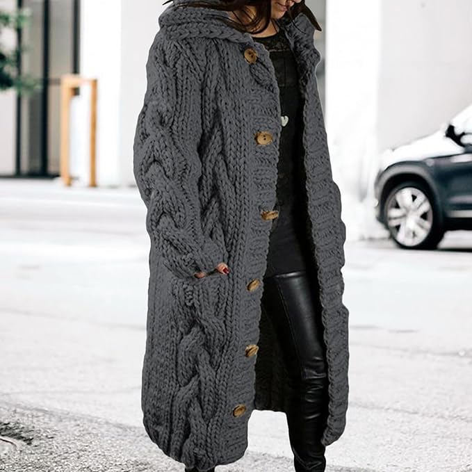 LOAIHA Women Chunky Cable Knit Long Sleeve Cardigan Fall Winter Trendy Oversized Button Down Sweaters Outerwear with Pocket
