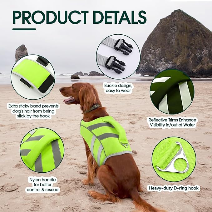Kuoser Small Dog Life Jacket with Reflective Stripes, Adjustable High Visibility Dog Life Vest for Swimming & Boating, Green XS