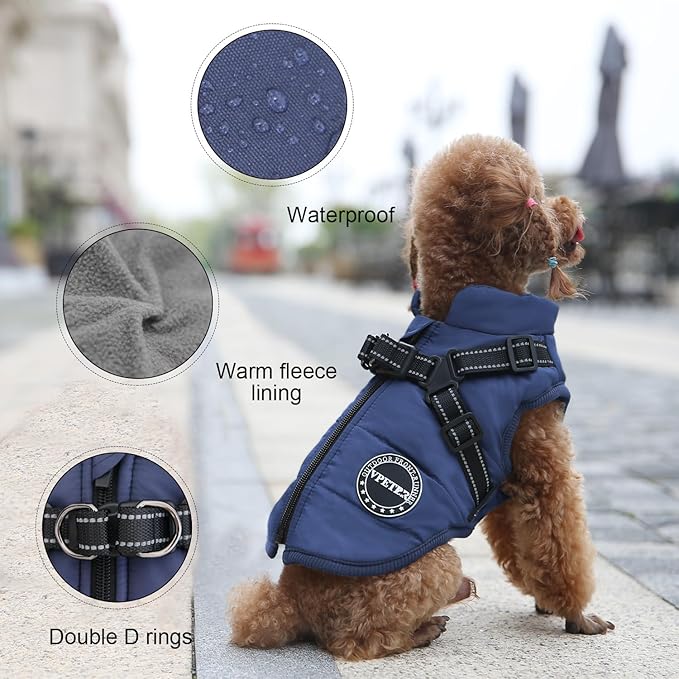 Dog Winter Coat,Warm Jacket Paded Fleece Pet Vest with Built in Harness, Windproof Reflective Cozy Adjustable Snow Pet Coat Clothes with Zipper for Small Medium Lerge Dogs