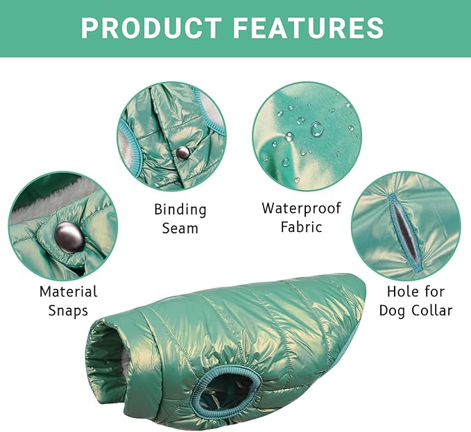 ASENKU Dog Winter Coat - Waterproof Windproof Dog Jacket, Warm Snowproof Doggie Puffer Vest for Cold Weather, Lightweight Snow Coats for Small Medium Large Dogs (Mint Green, XL)