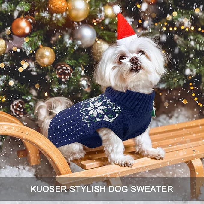 Kuoser Dog Sweater, Holiday Christmas Snowflake Pet Warm Knitwear Dog Sweaters Soft Puppy Clothing, Doggie Turtleneck Cold Weather Outfit Pullover for Small Medium Large Dogs Cats, Blue XL