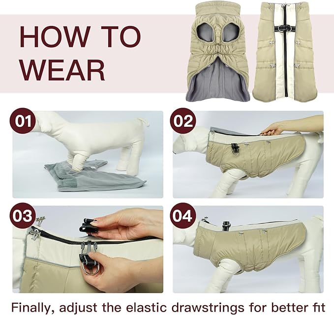 Dog Coat - XS, Warm Zip Up Snowsuit Dog Harness Vest, Reflective Water-Resistant, Apricot