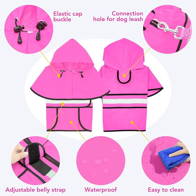 Waterproof Dog Raincoats - Hooded Raincoats for Dogs, Adjustable Reflective Dog Rain Coat, Windproof Dog Rain Jacket Pet Rain Slicker Poncho for Small, Medium, Large Dogs (Medium, Pink)