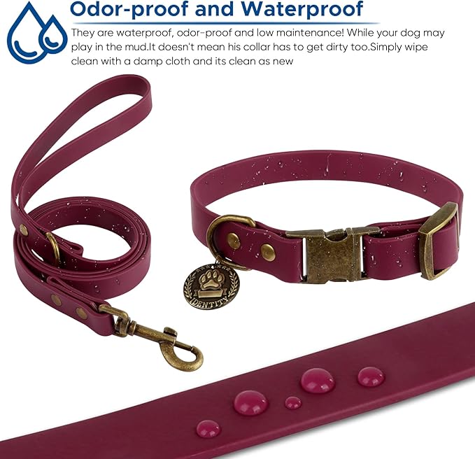 Wisedog Dog Collar and Leash Set, Waterproof Adjustable Puppy Collars with Cute Tag 6FT Dog Leash with Poop Bag for Small Medium Large Dogs (M, Burgundy)