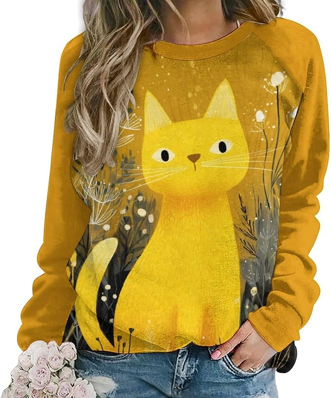 Abstract Cute Cat Shirts for Women Long Sleeve Lady Crewneck Pullover Sweatshirt Fall Winter Oversized Tops