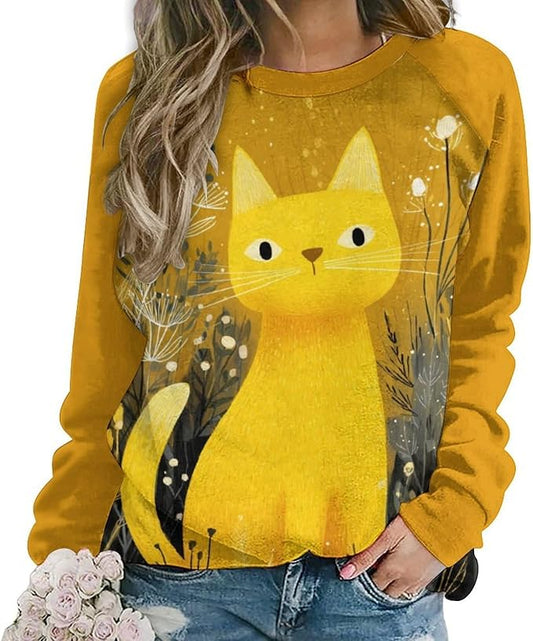 Abstract Cute Cat Shirts for Women Long Sleeve Lady Crewneck Pullover Sweatshirt Fall Winter Oversized Tops