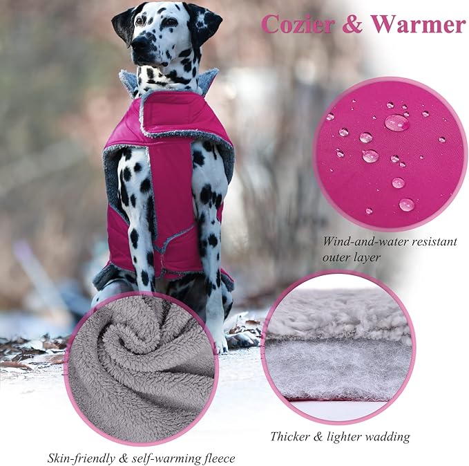 VIVAGLORY Frostfit Dog Coat, Dog Jacket for Winter & Cold Weather, Warm Fluffy Fleece Lined Water Resistant Reflective for Puppy, Coat with Velcro Fastening & Leash Hole, M+, Fuchsia