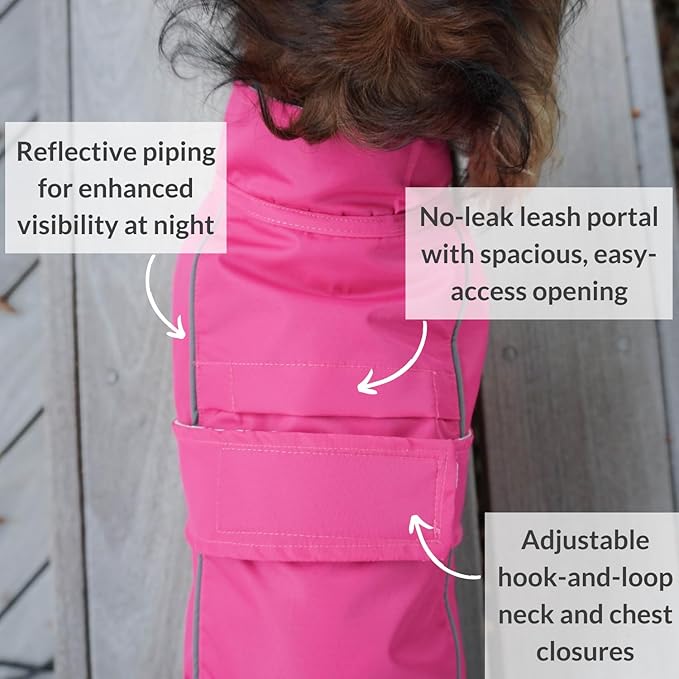 DJANGO Dog Jacket & Raincoat – Lightweight Water-Resistant Coat for Small, Medium & Long Dogs Like Dachshunds – Reflective, Adjustable Fit, Harness-Compatible & Easy-Access Harness Hole - Pink, Large