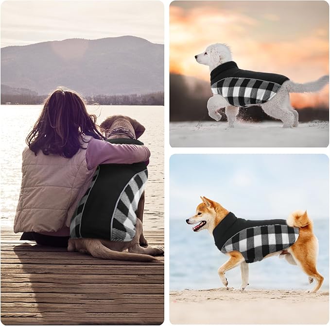 Kuoser Dog Winter Coat, Reversible Waterproof Dog Jacket with Reflective Strip, Warm Dogs Fleece Vest Adjustable Doggy Cold Weather Clothes Plaid Christmas Outfit Pet Apparel for Medium Dogs, Black M