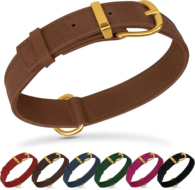 Leather Dog Collar - Heavy Duty Adjustable Soft Padded Pet Collars for Small Medium Large Dogs Breed - Black Green Brown Pink Red Blue (Cognac, M, 12"-15" Neck Fit)
