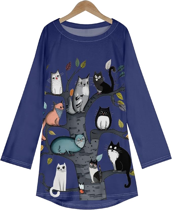 Womens Tunic Shirt Cute Cat Print Long Sleeve Round Neck Women T Shirts Cotton Casual Plus Size Vacation Tunics Tops