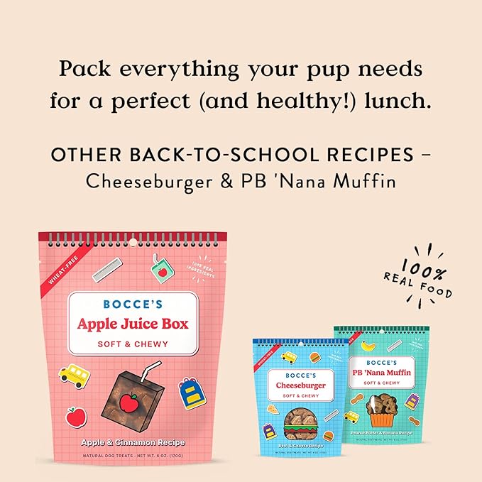 Bocce's Bakery Apple Juice Box Treats for Dogs, Wheat-Free Everyday Dog Treats, Made with Real Ingredients, Baked in The USA, All-Natural Soft & Chewy Cookies, 6 oz
