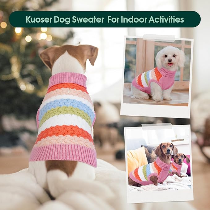Kuoser Dog Sweater, Large Sweaters for Dog Girls Boys Christmas Thanksgiving Outfit, Thick Fall Winter Cable Knitwear, Pet Sweatshirt Warm Clothes Turtleneck Pullover, Pink L