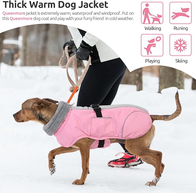 Queenmore Dog Winter Jacket, Fleece Lining Doggie Vests for Winter, Dog Coats for Medium Dogs Waterproof, Puppy Snowsuit with Leash Hole, Pink, M