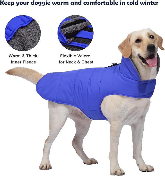 Dog Winter Coat, Waterproof Dog Jacket with Leash Hole, Reflective Adjustable Pet Snow Vest, Warm Fleece Sweater for Small Medium Large Dogs - Blue, 2XL