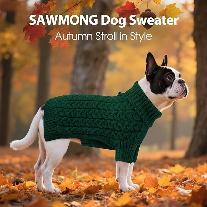 SAWMONG Dog Sweater, Dog Sweaters for Medium Dogs Girls Boys, Pullover Turtleneck Knitted Doggy Sweatshirt, Cold Weather Pet Clothes（Green, Medium