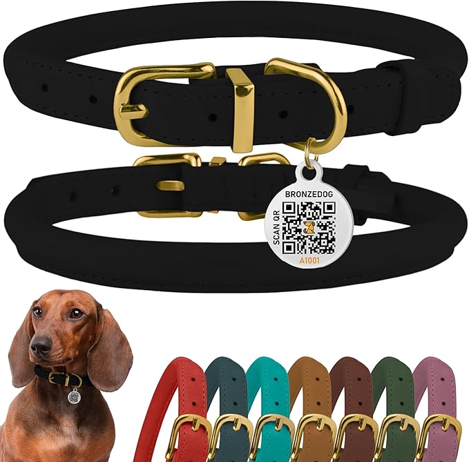 BronzeDog Rolled Leather Dog Collar with QR ID Tag, Adjustable Soft Round Collars for Small Medium Large Dogs Puppy (9" - 11" Neck Size, Black Night)