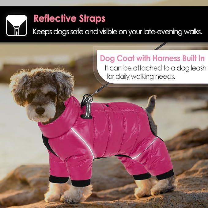 AOFITEE Dog Coat, Waterproof Dog Jacket for Winter, Warm Fullbody Dogs Snowsuit, Winter Coat for Small Dogs, Zip Up Pet Puffer Jacket Fleece Vest, Outdoor Reflective Cold Weather Pet Coats, Rose Red