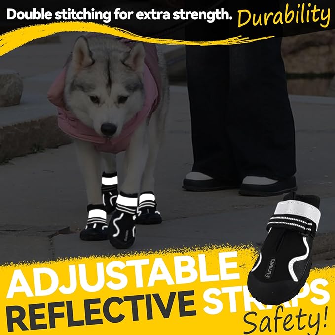 Dog Shoes for Large Small Medium Dogs,Dog Booties for Indoor Hardfloors Anti-Slip,Reflective Strip Waterproof Dog Boots & Paw Protectors for Outdoor Walking Hot Pavement,Winter Snow (Black-4)