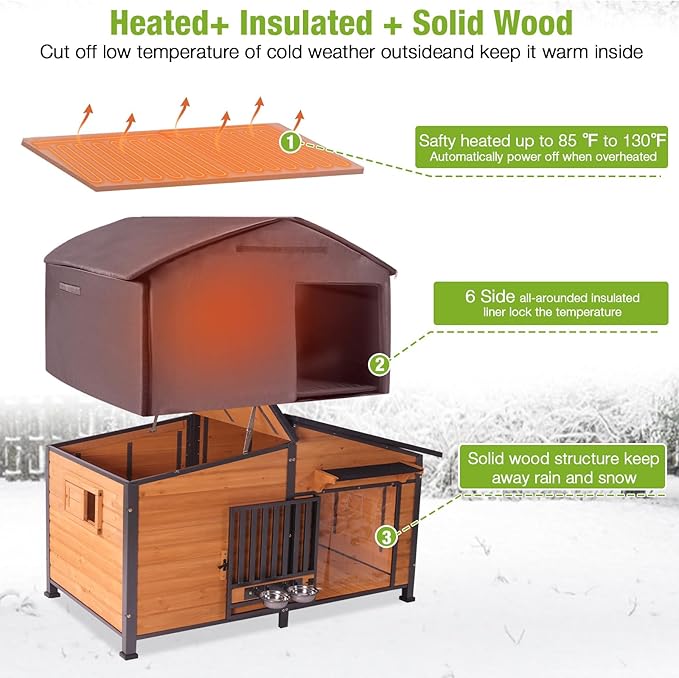 GUTINNEEN Extra Large 60" Heated Dog House Outdoor Dog Kennel with Safe Heated Pad, Chew-Proof Metal Frame and Rotating Food Bowl for Large Dog Breeds, 60" L x 36" W x35.4 H (Brown)