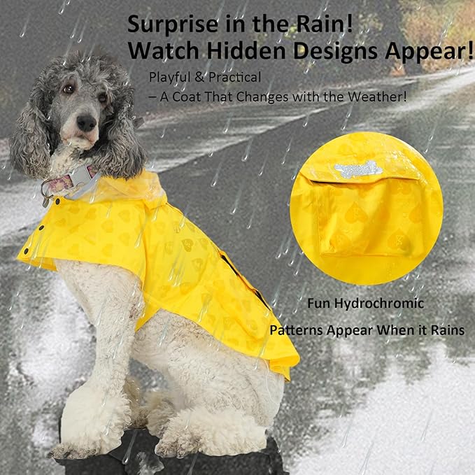 Waterproof Dog Raincoat, Adjustable Reflective Lightweight Pet Rain Clothes with Poncho Hood (Yellow(Water-Activated Color Change), Small)