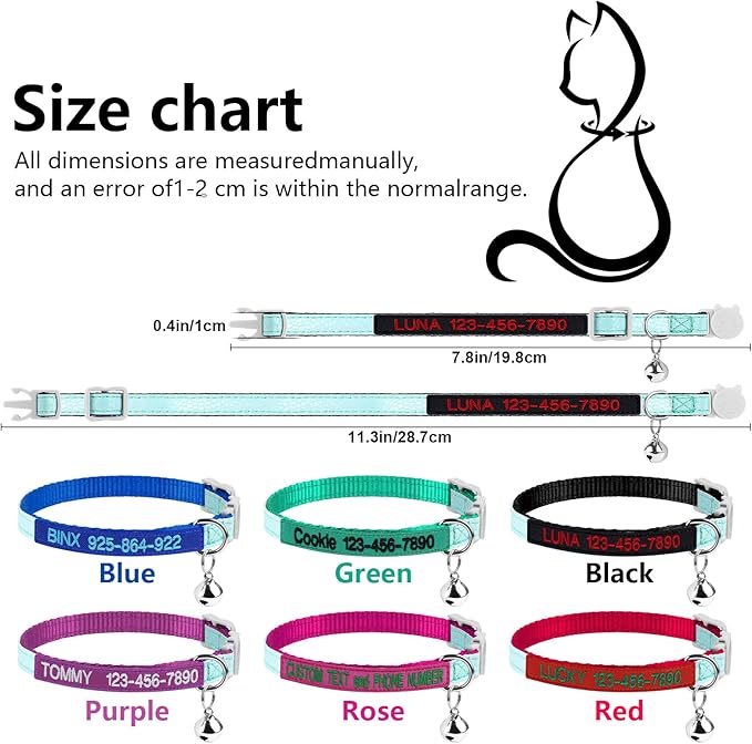 Personalized Nylon Cat Collar Breakaway with Bell, Custom Glow in The Dark ID Collar with Embroidered Name and Phone Number (Glow in The Dark)