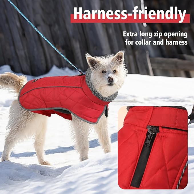 Fragralley Dog Coat Small, Waterproof Dog Jacket with Warm Fleece Lining, Adjustable Reflective Dogs Winter Coat, Turtleneck Pet Coats for Cold Weather (Red S)