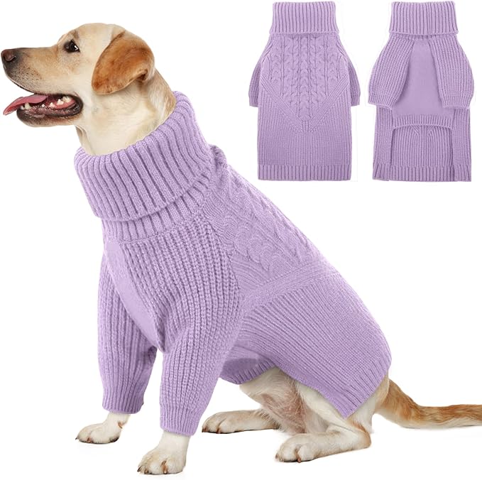 Queenmore Dog Sweater for Small Puppies & Large Dogs - Warm Winter Fall Sweater, Solid Turtleneck Knit with Long Sleeves, Lilac Color, XL