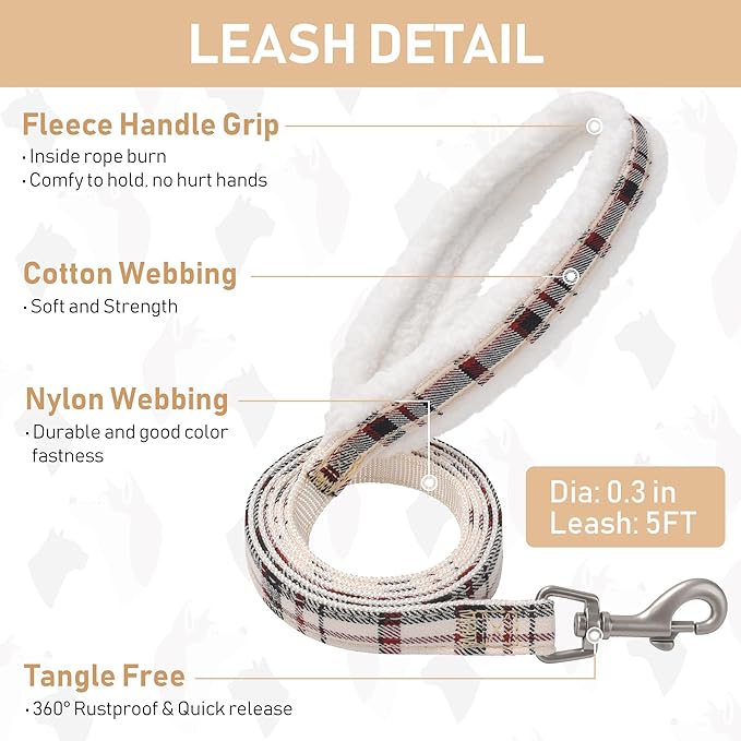 GAMUDA Small Dog Harness Collar and Leash Set, Step in No Chock No Pull Soft Mesh Adjustable Dog Vest Harnesses Plaid Reflective for Dogs Puppy Cats Kitten Rabbit (Warm Beige, L)