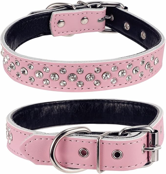 Rhinestones Dog Collar, Adjustable Sparkly Crystal Studded Genuine Leather Pet Dog Collar for Small and Medium Dogs (L, Pink)