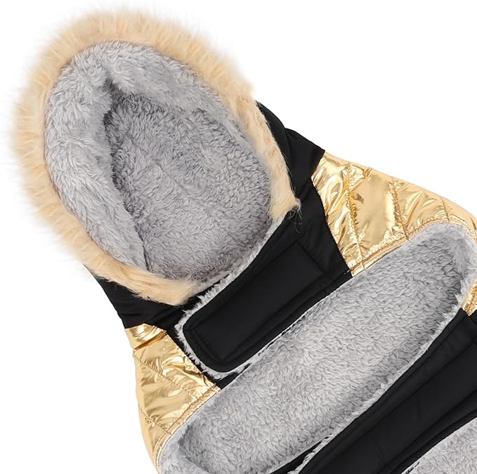 HDE Dog Puffer Jacket Fleece Lined Warm Dog Parka Winter Coat with Harness Hole 90s Black and Gold Metallic - M