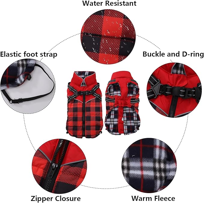 Dog Coat with Harness,Small Dog Winter Coat,Doggie Jackets with Built in Harness,Adjustable Warm Jacket for Medium Large Dogs,Pet Puppy Cold Weather Coats for Dogs Waterproof (PlaidRed, X-Large)