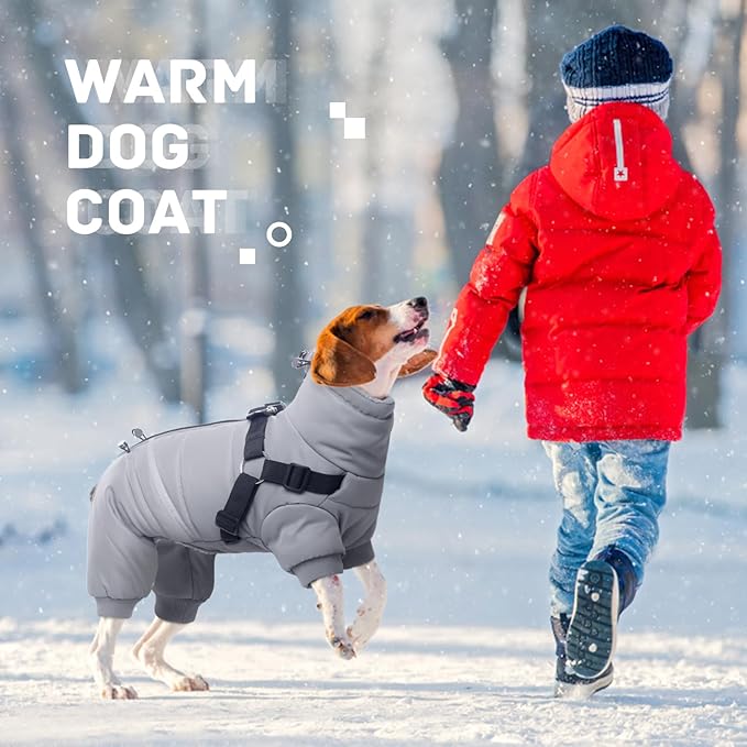 BRKURLEG Grey Dog Winter Coat, Cozy Winter Dog Jackets, Small Dogs Coat with Harness, Onesie Body Warm Puppy Jacket, Pet Reflective Windproof Cold Weather Jackets, Puppy Four-Legged Puffer Coats, S