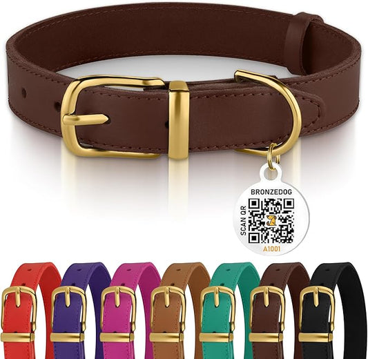 BRONZEDOG Leather Dog Collar with Metal Buckle Durable Basic Pet Collars for Small Medium Large Dogs (11-13 Inch (Pack of 1), Dark Brown & Gold Buckle)