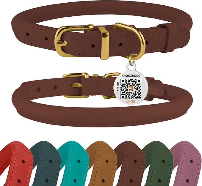 BronzeDog Rolled Leather Dog Collar with QR ID Tag, Adjustable Soft Round Collars for Small Medium Large Dogs Puppy (16" - 19" Neck Size, Cognac Brown)