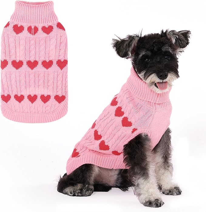 KOOLTAIL Cable Knit Dog Sweater Turtleneck, Cold Weather Pullover Classic Knitwear, Snowflake Pattern Thick Warm Winter Pet Clothes,Dog Christmas Sweater for Small Medium Large Dogs,Pink Heart M