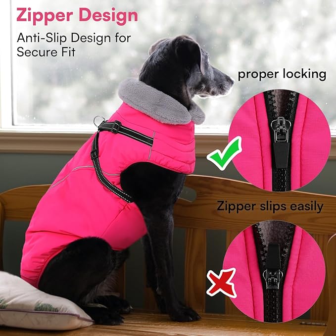 Queenmore Large Dog Jackets,Dog Coats for Extra Large Dogs with Harness Built in,Reflective Waterproof Dogs Jackets with Fleece Lining,Warm Snowsuit Pet Coats for German Shepherd,Rosered,XXXL
