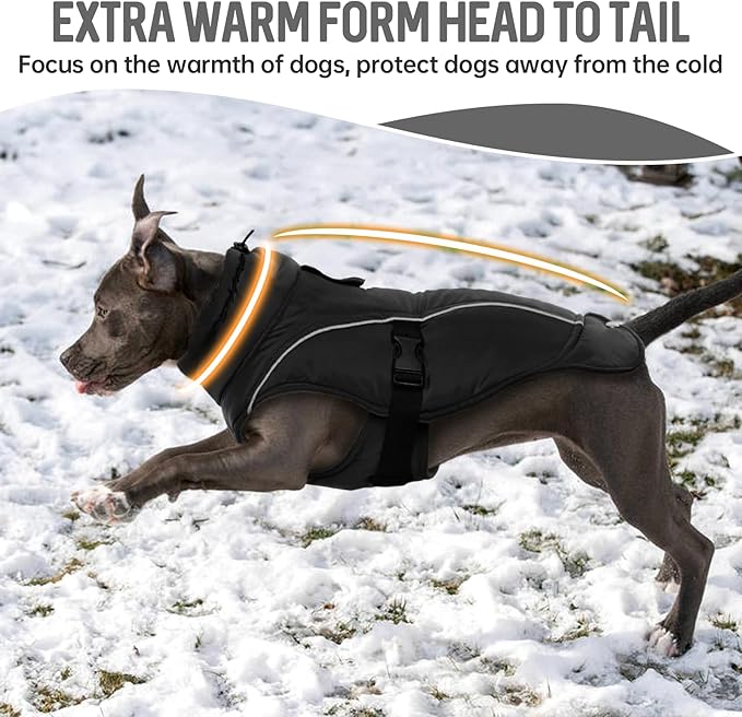 DENTRUN Dog Winter Coat - Windproof Reflective Jacket, Plush Turtleneck & Adjustable Belt, Water Repellent Fleece Lined Cold Weather Vest for Corgi Bulldog, Black, L