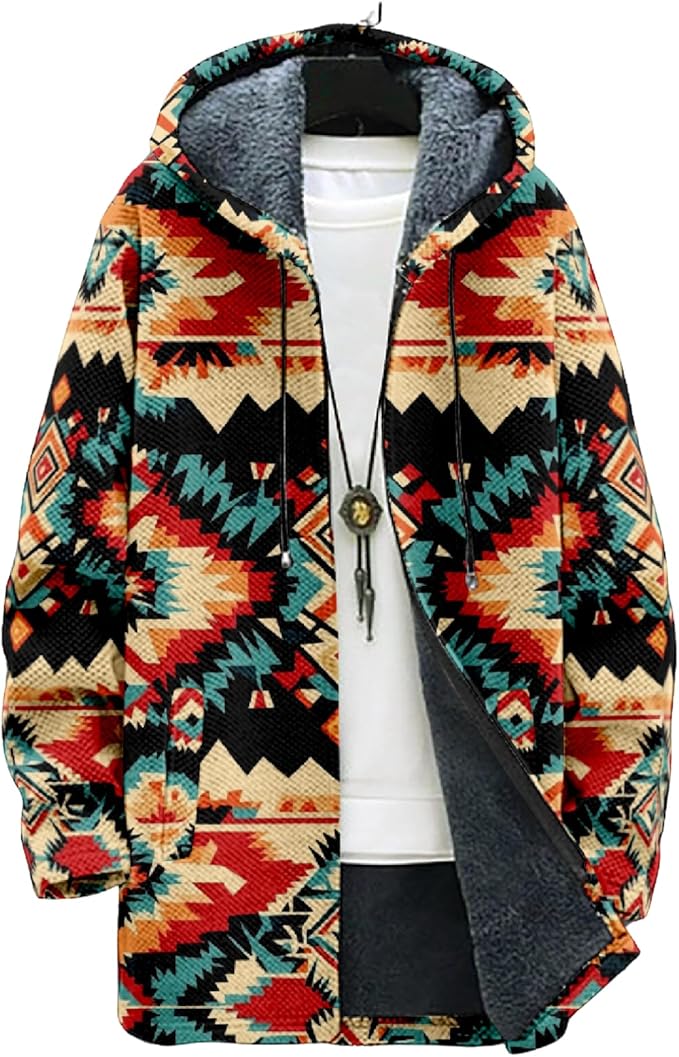 Mens Aztec Print Hoodie Heavyweight Cotton Fleece Jacket Zip Up Warm Long Sleeve Hooded Winter Midi Coat