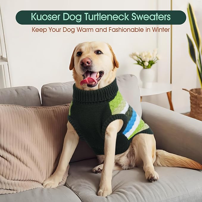 Kuoser Dog Sweater, Large Sweaters for Dog Girls Boys Christmas Thanksgiving Outfit, Thick Fall Winter Cable Knitwear, Pet Sweatshirt Warm Clothes Turtleneck Pullover, Green L
