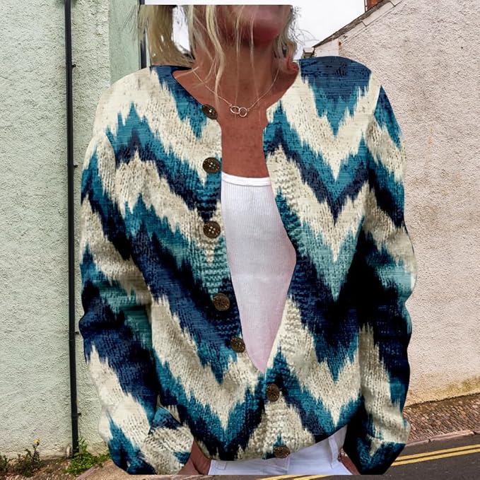 HOTYD Aztec Print Cardigans Sweaters for Women Crewneck Graphic Button Cardigan Casual Chunky Knit Sweater Fall Outfits