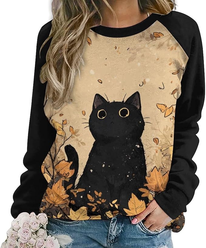 Abstract Cute Cat Shirts for Women Long Sleeve Lady Crewneck Pullover Sweatshirt Fall Winter Oversized Tops