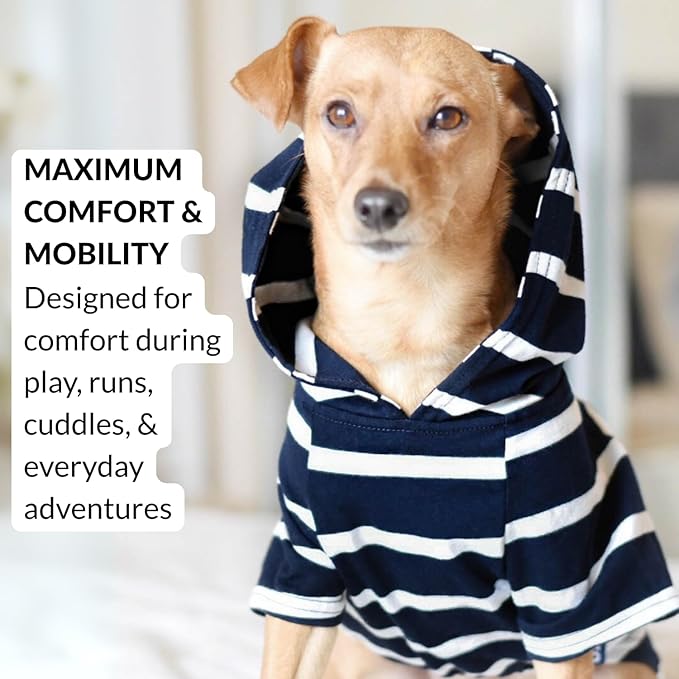 DJANGO Dog Hoodie – Warm, Lightweight, Soft & Stretchy Dog Sweater with Hood, Harness Hole & Elastic Waistband – Cozy Sweatshirt for Small Dogs up to 25 lbs, Dachshunds & Puppies – Navy Blue, X-Small