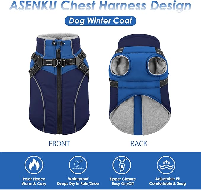 ASENKU Reflective Dog Coat with Built-in Harness, Windproof Fleece-Lined Dog Jacket for Small, Medium, Large Dogs, Warm Winter Vest with Turtleneck & Zipper (Navyblue XL)