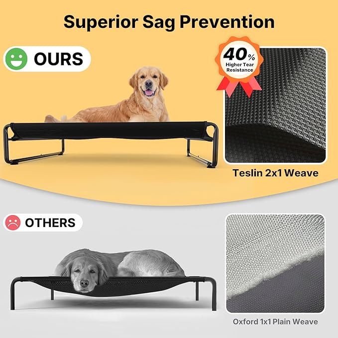 Veehoo Original Outdoor Elevated Dog Bed, Cooling Raised Dog Cot for Large Dogs, Portable Standing Pet Hammock Platform with Washable Breathable Mesh, No-Slip Feet, Large, Black Silver, CWC2201