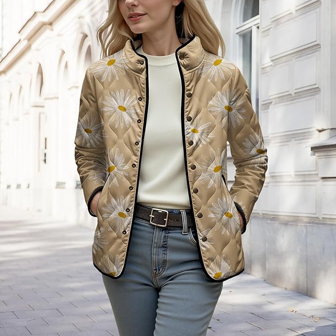 LIZALIG Women's Cropped Puffer Jacket Lightweight Floral Print Long Sleeve Padded Quilted Puffy Cardigan Coat