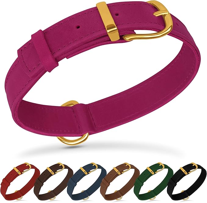 Leather Dog Collar - Heavy Duty Adjustable Soft Padded Pet Collars for Small Medium Large Dogs Breed - Black Green Brown Pink Red Blue (Pink, S, 9"-12" Neck Fit)