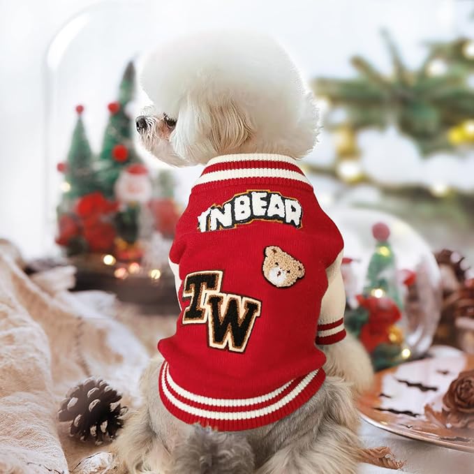 Small Dog Sweater Sweatshirt Cute Puppy Sweaters - Winter Red Warm Knitted Bear Design for Puppies(L)