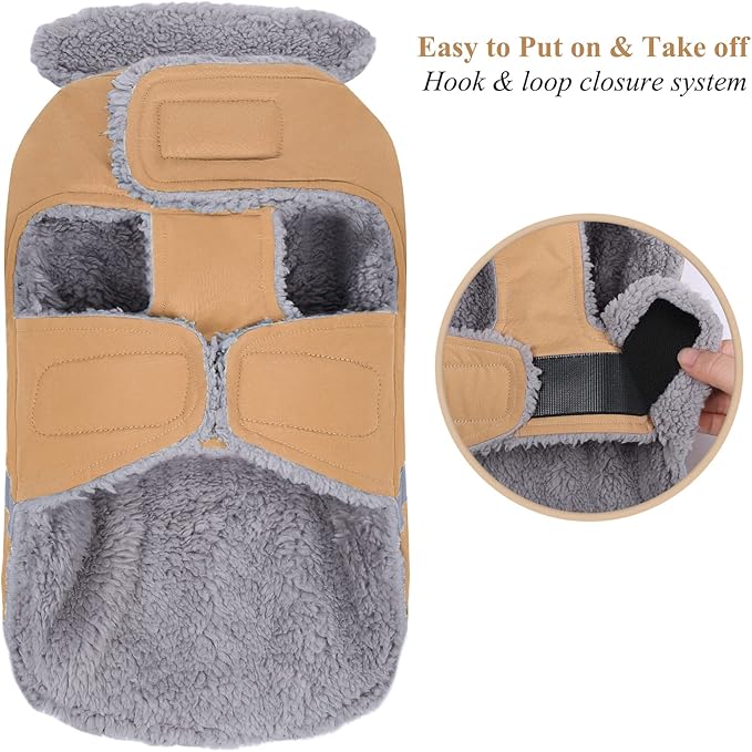 VIVAGLORY Frostfit Dog Coat, Dog Jacket for Winter & Cold Weather, Warm Fluffy Fleece Lined Water Resistant Reflective for Puppy, Coat with Velcro Fastening & Leash Hole, XL, Khaki